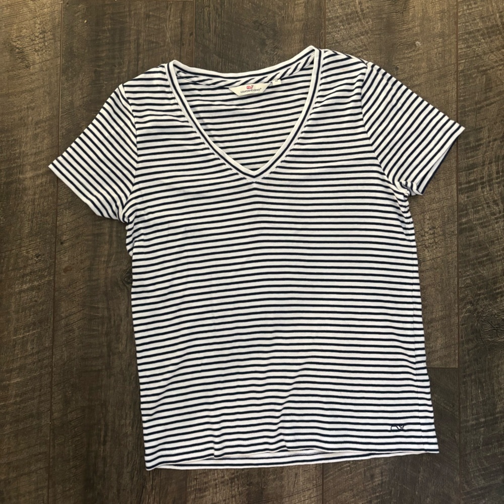Vineyard Vines Navy and White Striped V-Neck Tee